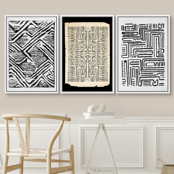 PixonSign Framed Wall Art Set Black & White Diamond Pattern Line Art Geometric Zen Mid-Century Canvas Print Artwork Abstract Cozy Neutral Wall Decor for Rooms - 16"x24"x3 White