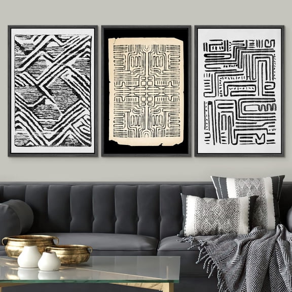 PixonSign Framed Wall Art Set Black & White Diamond Pattern Line Art Geometric Zen Mid-Century Canvas Print Artwork Abstract Cozy Neutral Wall Decor for Rooms - 24"x36"x3 Black