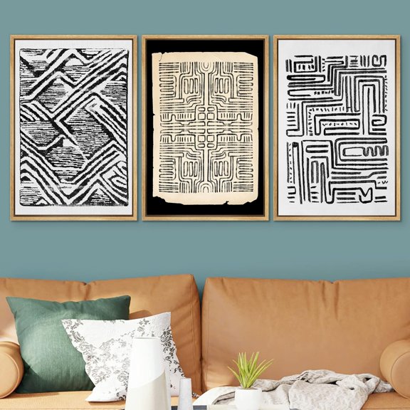 PixonSign Framed Wall Art Set Black & White Diamond Pattern Line Art Geometric Zen Mid-Century Canvas Print Artwork Abstract Cozy Neutral Wall Decor for Rooms - 16"x24"x3 Natural