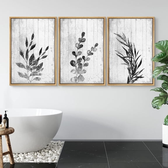 PixonSign Framed Wall Art Set Black and White Leaves Silhouette Decorative Shapes Prints Nature Modern Art Rustic Relax/Calm Warm for Living Room, Bedroom, Office - 16"x24"x3 Natural