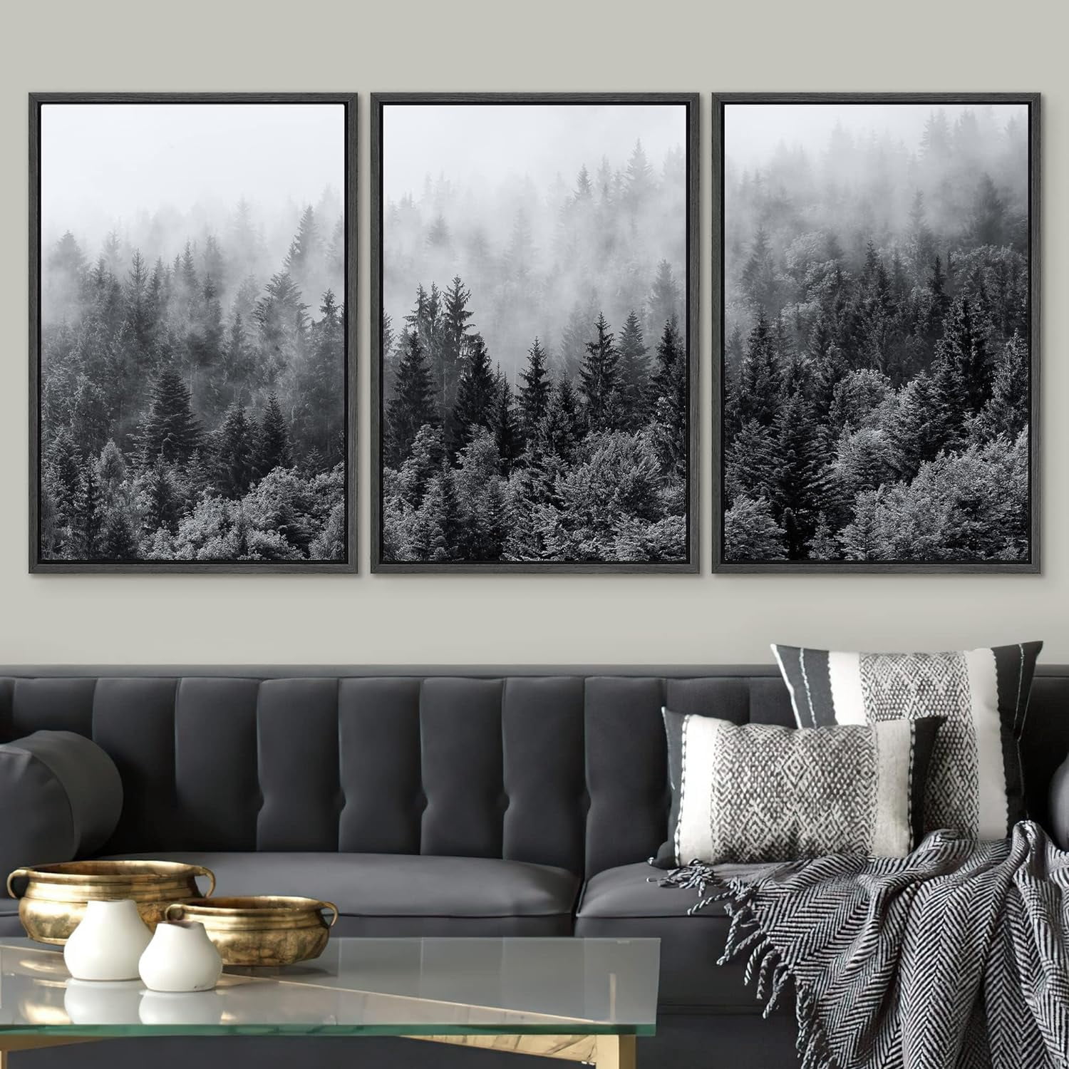 PixonSign Framed Wall Art Set Black & White Misty Mountain Forest ...