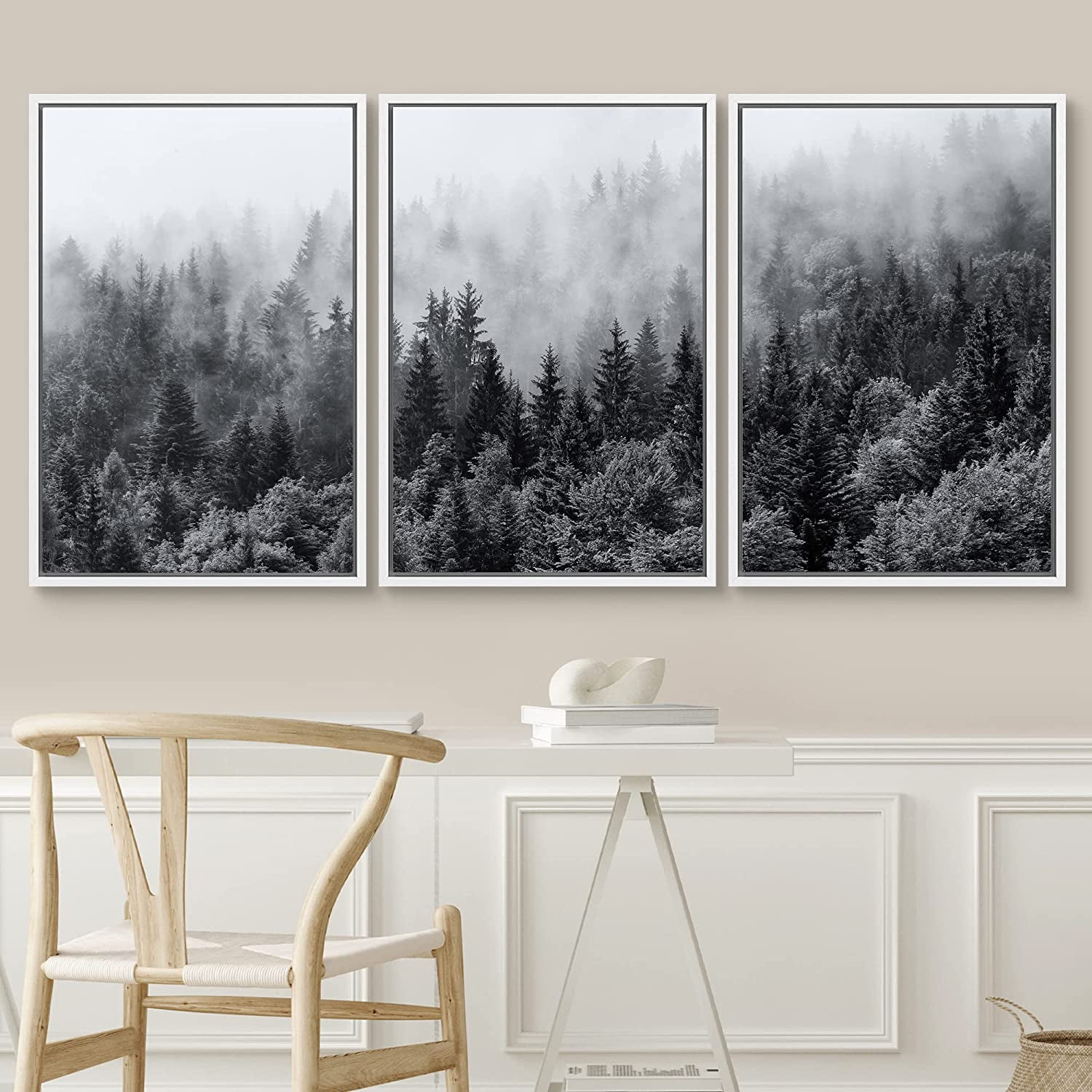 PixonSign Framed Wall Art Set Black & White Misty Mountain Forest ...