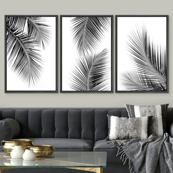 PixonSign Framed Wall Art Set Black and White Tropical Leaves Nature Floral Canvas Prints Mixed Media Modern Art Decorative Chic for Living Room, Bedroom, Office - 24"x36"x3 Black