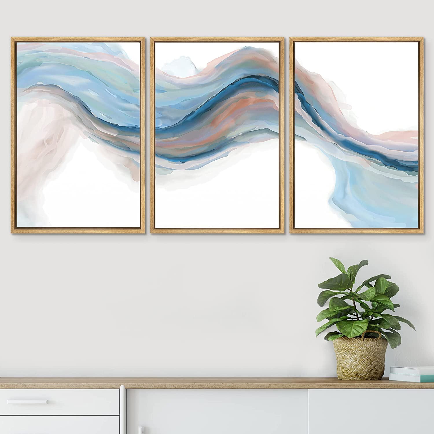 PixonSign Framed Wall Art Set Blue Brown Pastel Watercolor Ink Wave ...