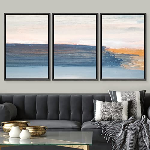 PixonSign Framed Wall Art Set Blue & Orange Paint Stroke Sea Landscape Graffiti Patterns Artwork Neutral Minimalism Contemporary Colorful Modern Prints for Home Decor - 16"x24"x3 Panels Black