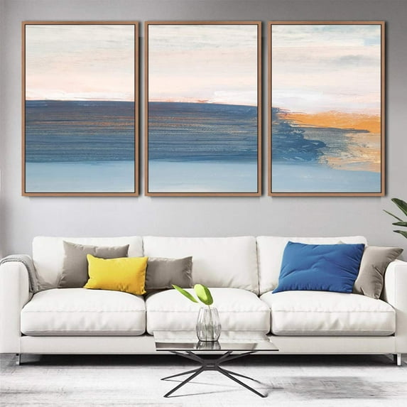PixonSign Framed Wall Art Set Blue & Orange Paint Stroke Sea Landscape Graffiti Patterns Artwork Neutral Minimalism Contemporary Colorful Modern Prints for Home Decor - 24"x36"x3 Panels Natural