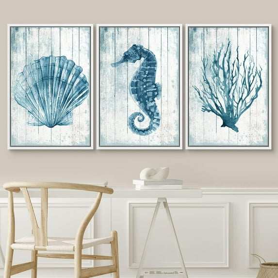 PixonSign Framed Wall Art Set Blue Seahorse and Seashell with Coral Watercolor Modern Art Rustic Relax/Calm Warm Pastel Canvas Print for Living Room, Bedroom, Office - 24"x36"x3 White