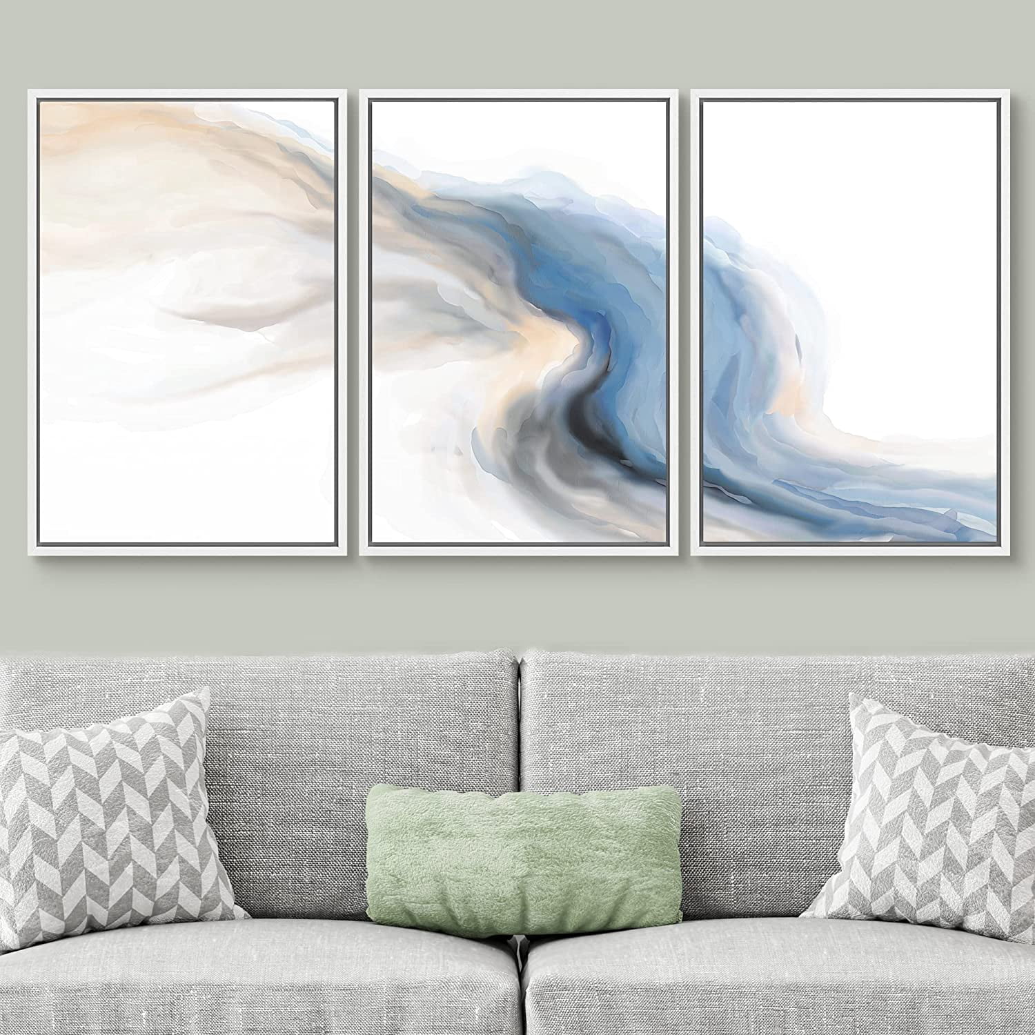 PixonSign Framed Wall Art Set Blue Tan Pastel Watercolor Ink Smoke Wave ...