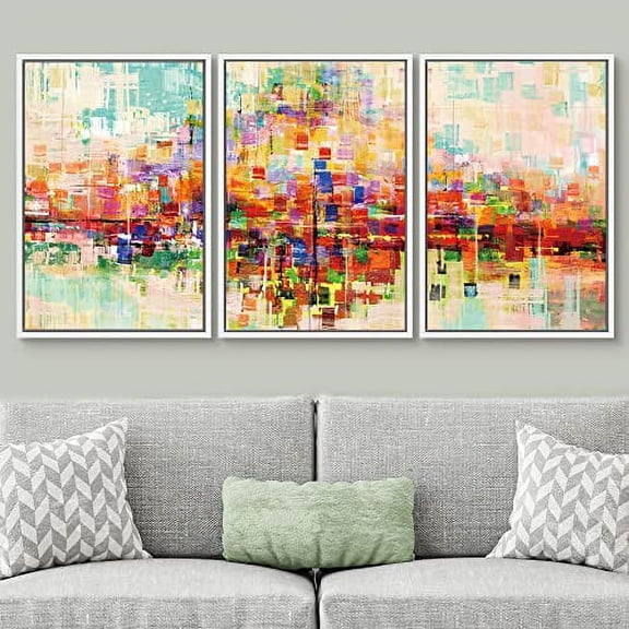 PixonSign Framed Wall Art Set Bright neon Color Buildings Block with Reflection Places Cityscape Oil Painting Abstract Modern Prints Panoramic Colorful for Rooms - 16"x24"x3 White