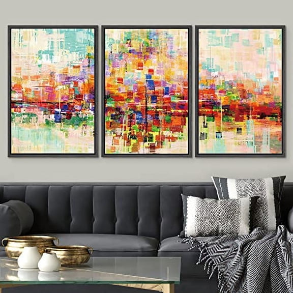 PixonSign Framed Wall Art Set Bright neon Color Buildings Block with Reflection Places Cityscape Oil Painting Abstract Modern Prints Panoramic Colorful for Rooms - 16"x24"x3 Black