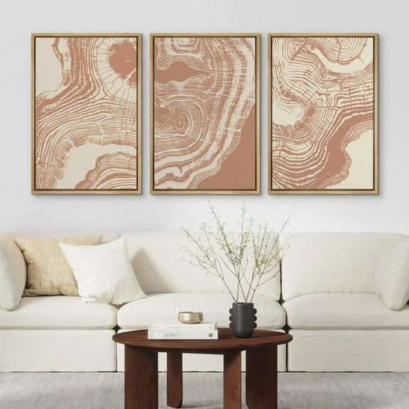 PixonSign Framed Wall Art Set Brown Piral Ring Polygon Abstract Shapes Modern Art Decor Bohemian Pastel Geometric Lines Prints Artwork for Living Room, Bedroom, Office - 24"x36"x3 Natural