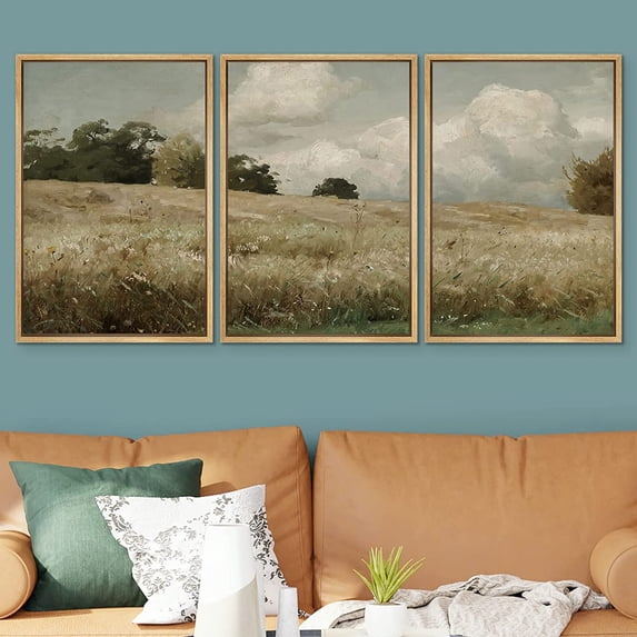 PixonSign Framed Wall Art Set Country Field Landscape Pasture Nature Wilderness Modern Artwork Landscape Decor Abstract Fine Art Chic for Living Room, Bedroom, Office - 16"x24"x3 Panels Natural