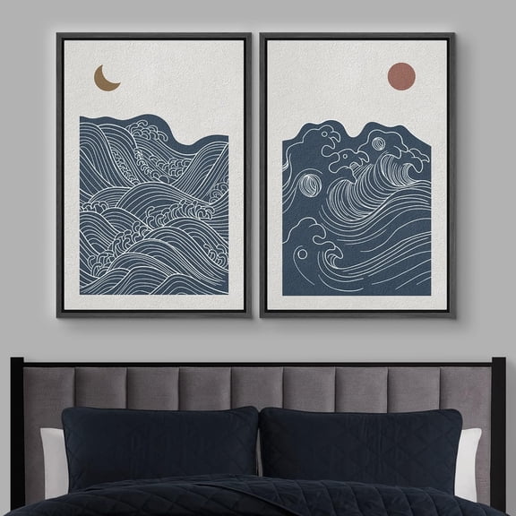 PixonSign Framed Wall Art Set Crescent Moon Sun Ocean Waves Abstract Canvas Prints Kobe River Nature Modern Art Decorative Chic Minimal Neon for Living Room, Bedroom, Office - 24"x36"x2 Black