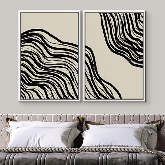 PixonSign Framed Wall Art Set Dark Wood Rings Print Geometric Spiral Wave Collage Abstract Modern Artwork Minimalism Decor Vintage Canvas Print for Room, Entryway - 24"x36"x2 Panels White