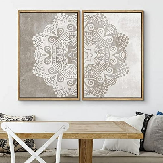 PixonSign Framed Wall Art Set Duotone Cultural Indian Mandala Pattern Geometric Shapes Canvas Prints Cozy Neutral Minimal Decorative Nordic Zen Bohemian for Home Decoration - 24"x36"x2 Natural