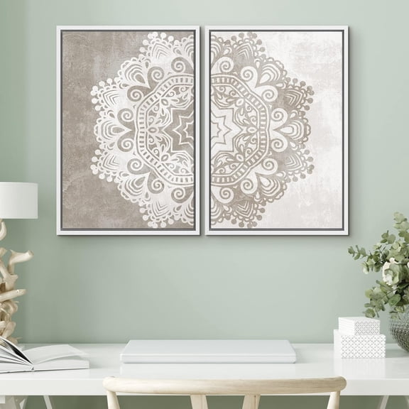 PixonSign Framed Wall Art Set Duotone Cultural Indian Mandala Pattern Geometric Shapes Canvas Prints Cozy Neutral Minimal Decorative Nordic Zen Bohemian for Home Decoration - 16"x24"x2 White