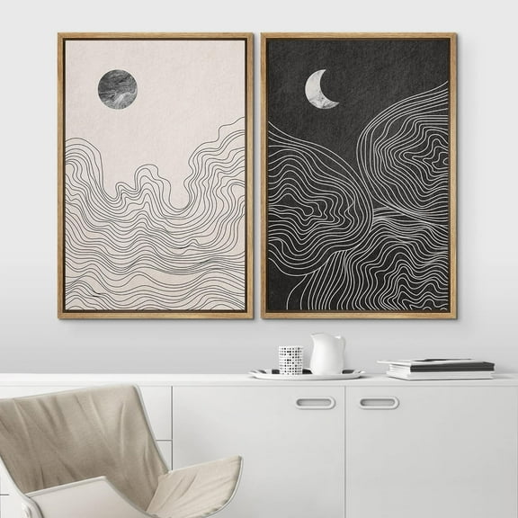 PixonSign Framed Wall Art Set Duotone Sun Moon Abstract Landscape Canvas Prints Nature Wilderness Modern Art Decorative Chic Minimal Neon for Living Room, Bedroom, Office - 16"x24"x2 Natural