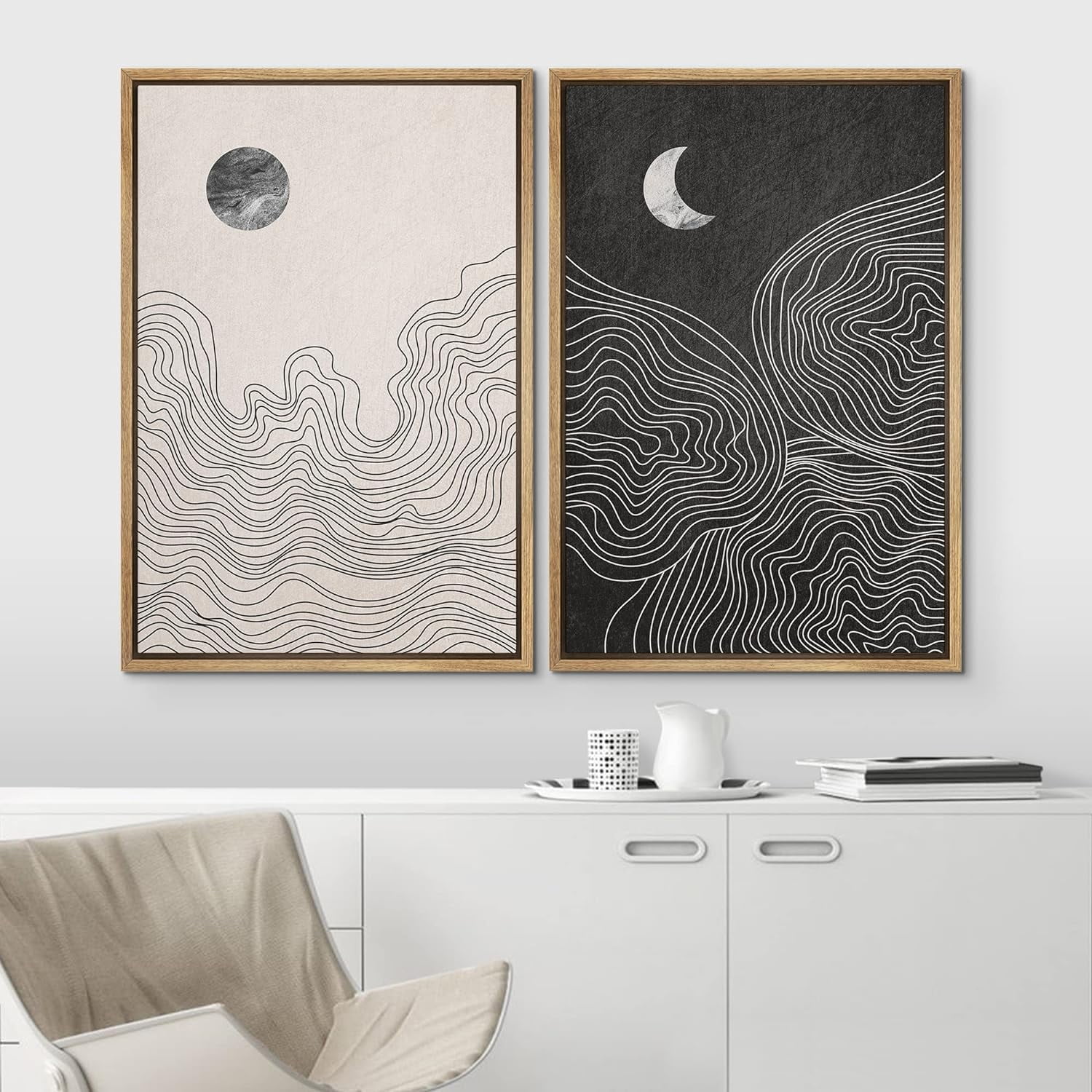 PixonSign Framed Wall Art Set Duotone Sun Moon Abstract Landscape ...