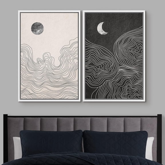 PixonSign Framed Wall Art Set Duotone Sun Moon Abstract Landscape Canvas Prints Nature Wilderness Modern Art Decorative Chic Minimal Neon for Living Room, Bedroom, Office - 16"x24"x2 White
