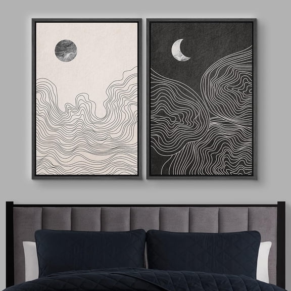 PixonSign Framed Wall Art Set Duotone Sun Moon Abstract Landscape Canvas Prints Nature Wilderness Modern Art Decorative Chic Minimal Neon for Living Room, Bedroom, Office - 16"x24"x2 Black