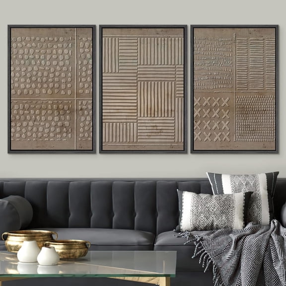 PixonSign Framed Wall Art Set Geometric Brown Paint Stroke Collage Graffiti & Street Patterns Abstract Artwork Neutral Minimalism Bohemian Modern Prints for Home Decor - 24"x36"x3 Panels Black