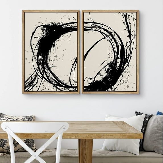 PixonSign Framed Wall Art Set Geometric Graffiti Paint Stroke Circles Collage Abstract Modern Artwork Minimalism Decor Nordic Vintage Canvas Print for Room, Entryway - 24"x36"x2 Panels Natural