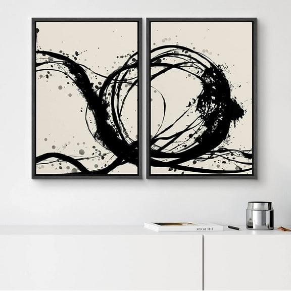 PixonSign Framed Wall Art Set Geometric Spray Paint Circle Collage Abstract Modern Artwork Minimalism Decorative Nordic Vintage Canvas Print for Room, Entryway - 24"x36"x2 Panels Black