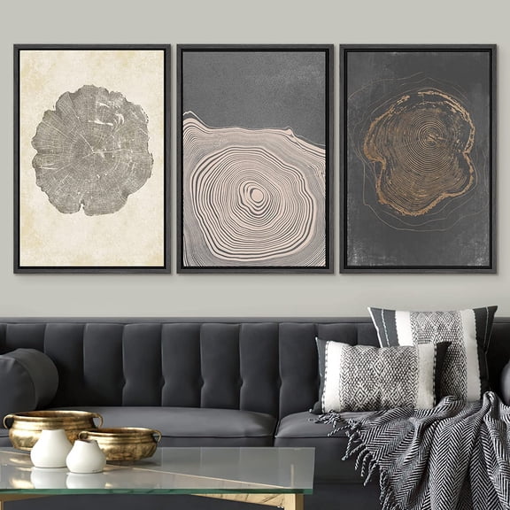 PixonSign Framed Wall Art Set Gray Wood Tree Ring Spirals Digital Art Vintage Abstract Circles Pattern Modern Prints Colorful Contemporary Calm/Zen for Home Decor - 24"x36"x3 Panels Black