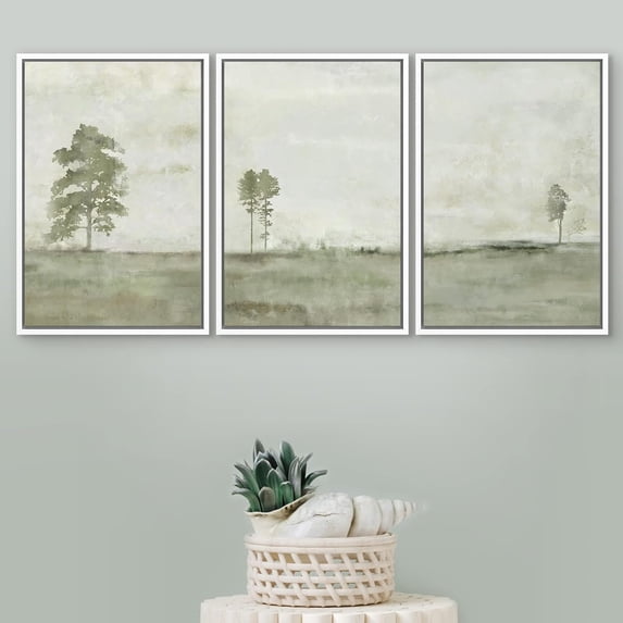 PixonSign Framed Wall Art Set Green Grunge Country Forest Tree Landscapes Abstract Nature Wilderness Modern Art Decor Minimal Relax/Calm for Living Room, Bedroom, Office - 24"x36"x3 White
