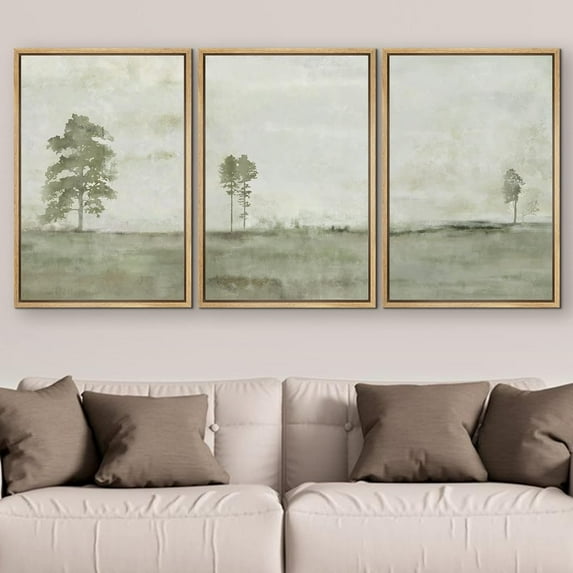 PixonSign Framed Wall Art Set Green Grunge Country Forest Tree Landscapes Abstract Nature Wilderness Modern Art Decor Minimal Relax/Calm for Living Room, Bedroom, Office - 24"x36"x3 Natural