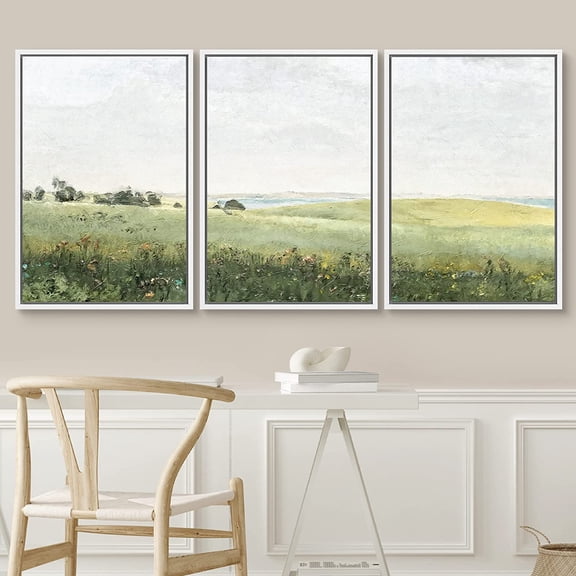 PixonSign Framed Wall Art Set Green Pasture Countryside Flower Field Nature Wilderness Modern Artwork Landscape Decor Abstract Fine Art for Living Room, Bedroom, Office - 16"x24"x3 Panels White