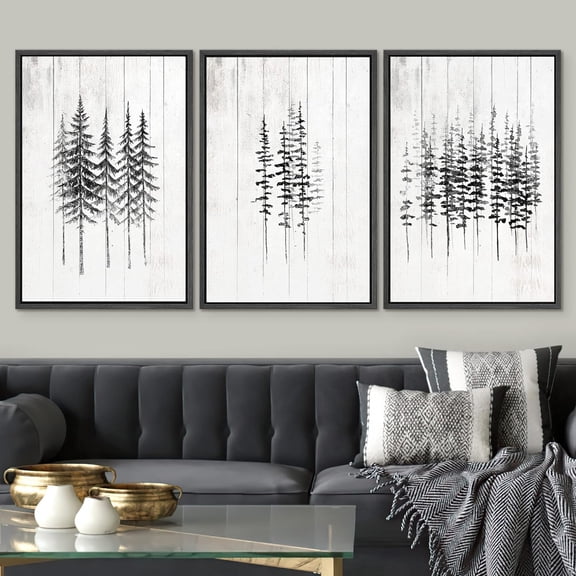 PixonSign Framed Wall Art Set Group of Black and Gray Fir Trees Canvas Prints Nature Botanical Minimalist Modern Art Decorative for Living Room, Bedroom, Office - 24"x36"x3 Black