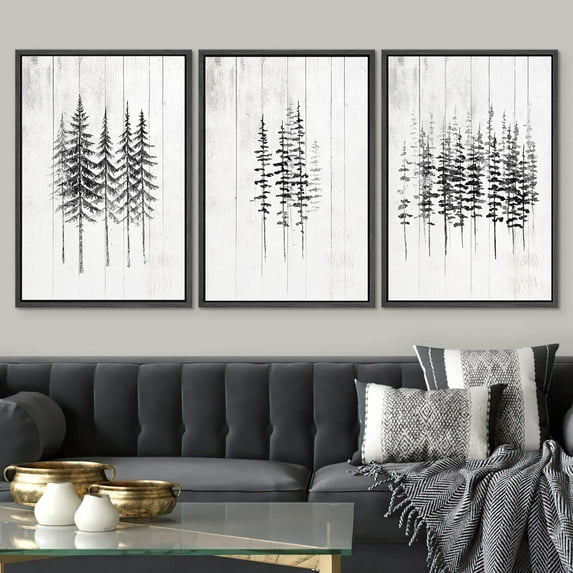 PixonSign Framed Wall Art Set Group of Black and Gray Fir Trees Canvas Prints Nature Botanical Minimalist Modern Art Decorative for Living Room, Bedroom, Office - 16"x24"x3 Black