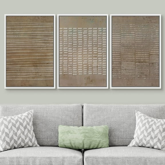 PixonSign Framed Wall Art Set Grunge Geometric Brown Line Art Graffiti & Street Patterns Abstract Artwork Neutral Minimalism Bohemian Cool Modern Prints for Home Decor - 16"x24"x3 Panels White