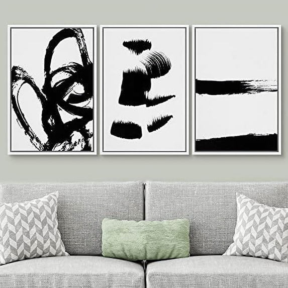 PixonSign Framed Wall Art Set Grunge Style Black & White Paint Strokes Abstract Shapes Modern Art Prints Bohemian Group Dramatic Grey for Living Room, Bedroom, Office - 24"x36"x3 White