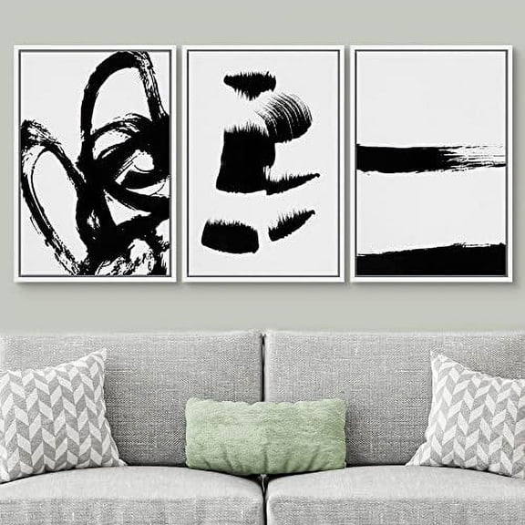 PixonSign Framed Wall Art Set Grunge Style Black & White Paint Strokes Abstract Shapes Modern Art Prints Bohemian Group Dramatic Grey for Living Room, Bedroom, Office - 16"x24"x3 White