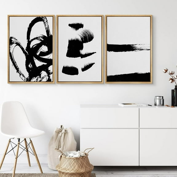 PixonSign Framed Wall Art Set Grunge Style Black & White Paint Strokes Abstract Shapes Modern Art Prints Bohemian Group Dramatic Grey for Living Room, Bedroom, Office - 24"x36"x3 Natural