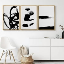 PixonSign Framed Wall Art Set Grunge Style Black & White Paint Strokes Abstract Shapes Modern Art Prints Bohemian Group Dramatic Grey for Living Room, Bedroom, Office - 24"x36"x3 Natural