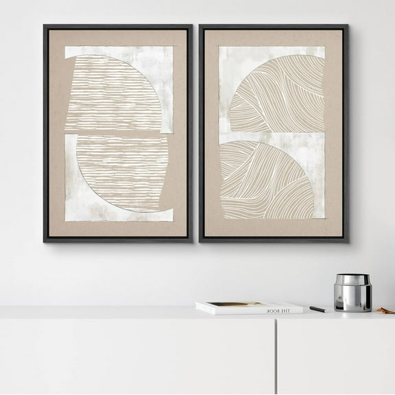 PixonSign Framed Wall Art Set Grunge Tan White Art Deco Polygons Abstract Shapes Geometric Canvas Prints Cozy Neutral Minimal Decorative Nordic Zen Bohemian for Home Decoration - 16"x24"x2 Black