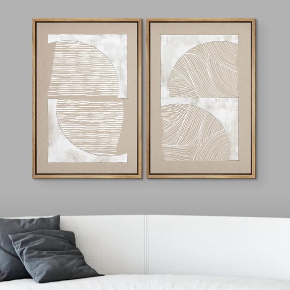 PixonSign Framed Wall Art Set Grunge Tan White Art Deco Polygons Abstract Shapes Geometric Canvas Prints Cozy Neutral Minimal Decorative Nordic Zen Bohemian for Home Decoration - 16"x24"x2 Natural