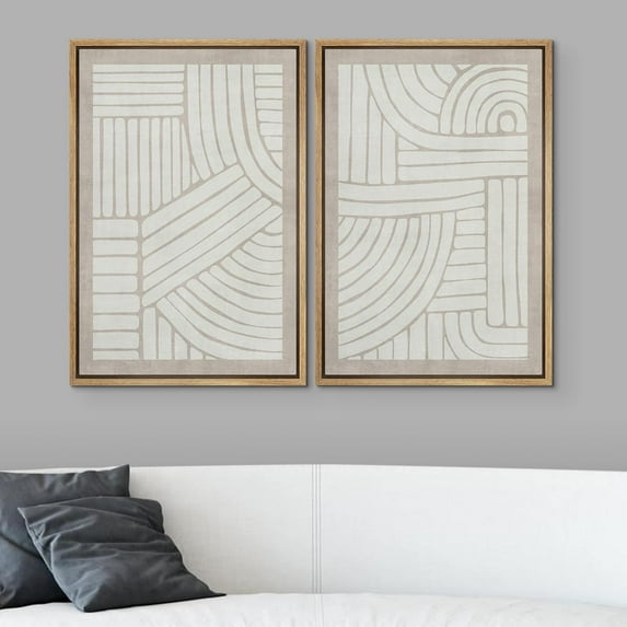 PixonSign Framed Wall Art Set Grunge Tribal Pattern Landscape Abstract Shapes Geometric Canvas Prints Cozy Neutral Minimal Decorative Nordic Zen Bohemian for Home Decoration - 24"x36"x2 Natural