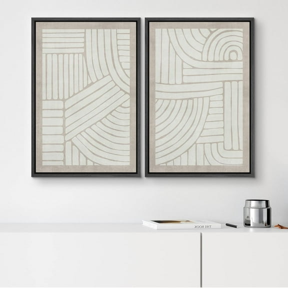 PixonSign Framed Wall Art Set Grunge Tribal Pattern Landscape Abstract Shapes Geometric Canvas Prints Cozy Neutral Minimal Decorative Nordic Zen Bohemian for Home Decoration - 16"x24"x2 Black