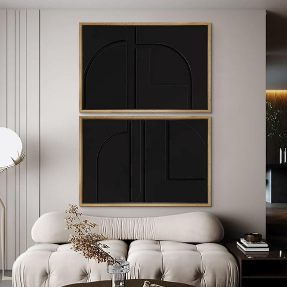PixonSign Framed Wall Art Set Mid-Century Black Polygon Landscape Abstract Canvas Prints Geometric Splicing Modern Art Decoration Minimalist for Living Room, Bedroom, Office - 24"x36"x2 Natural