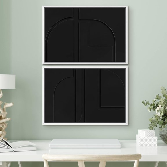 PixonSign Framed Wall Art Set Mid-Century Black Polygon Landscape Abstract Canvas Prints Geometric Splicing Modern Art Decoration Minimalist for Living Room, Bedroom, Office - 24"x36"x2 White