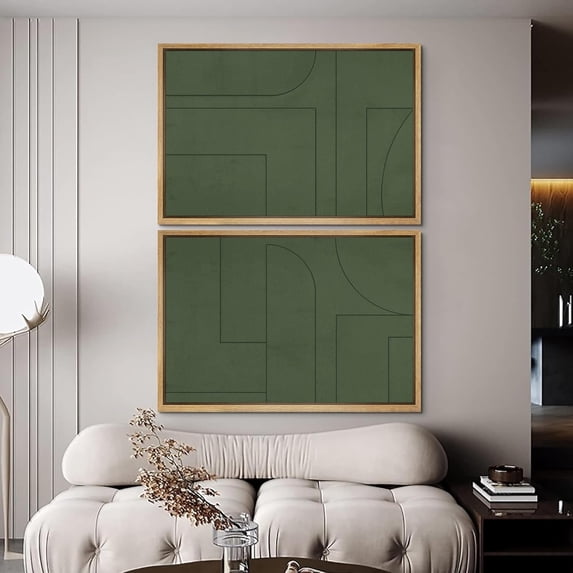 PixonSign Framed Wall Art Set Mid-Century Green Polygon Landscape Abstract Canvas Prints Geometric Splicing Modern Art Decoration Minimalist for Living Room, Bedroom, Office - 24"x36"x2 Natural