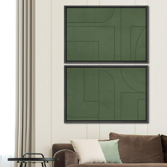 PixonSign Framed Wall Art Set Mid-Century Green Polygon Landscape Abstract Canvas Prints Geometric Splicing Modern Art Decoration Minimalist for Living Room, Bedroom, Office - 16"x24"x2 Black