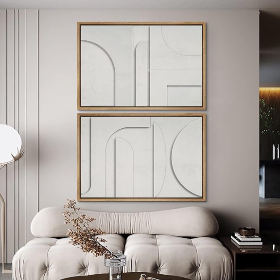 PixonSign Framed Wall Art Set Mid-Century White Polygon Landscape Abstract Canvas Prints Geometric Splicing Modern Art Decoration Minimalist for Living Room, Bedroom, Office - 24"x36"x2 Natural