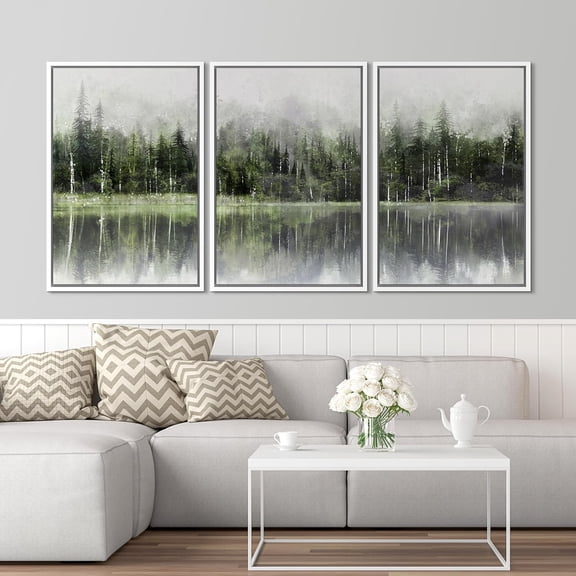 PixonSign Framed Wall Art Set Misty Emerald Green Mountain Range Forest Lake Nature Wilderness Modern Art Decor Minimalist Relax/Calm for Living Room, Bedroom, Office - 16"x24"x3 White