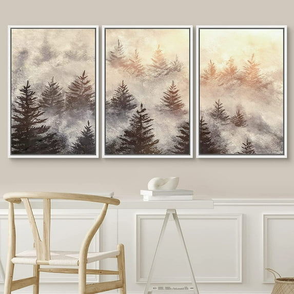 PixonSign Framed Wall Art Set Misty Pine Forest Mountain Golden Sunrise Nature Wilderness Modern Artwork Landscape Decor Contemporary Chic for Living Room, Office - 24"x36"x3 Panels White