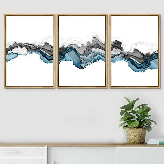 PixonSign Framed Wall Art Set Pastel Black Blue Smoke Wave Landscape Abstract Canvas Print Nature Wilderness Multicolor Modern Art Decor Scenic Relax/Calm for Bedroom - 24"x36"x3 Panels Natural